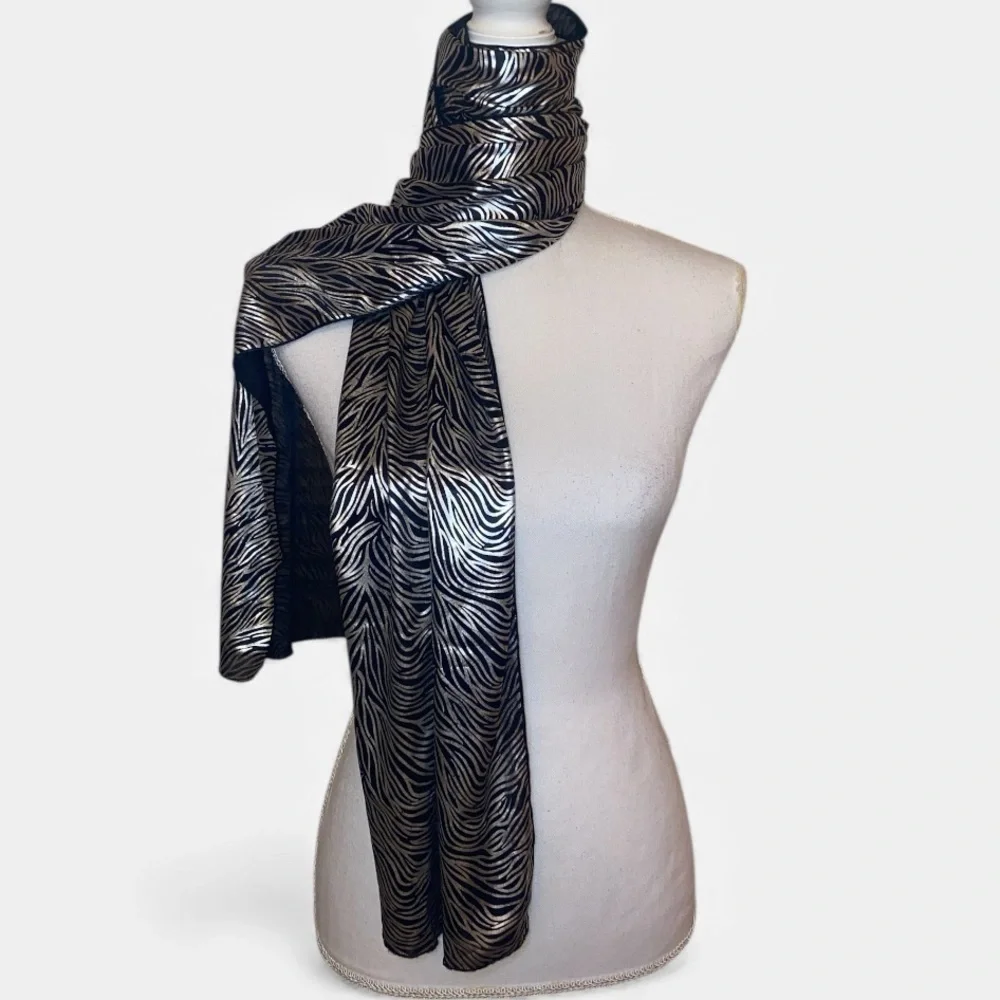 ZEBRA PRINT SILK STYLE FASHION SCARF Elegant & Versatile Black w/Silver Stripes
